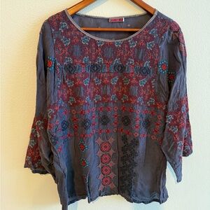 Johnny Was Charcoal and Crimson Embroidered Blouse, medium.